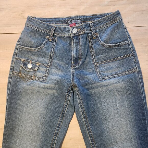 Gitano Flared Jeans Boho Blue Denim Flap Button Pockets Unique Womens 10 EUC - Picture 3 of 12